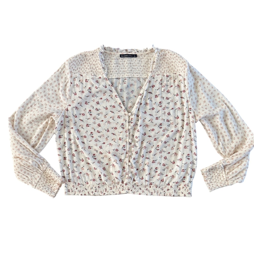 Abercrombie & Fitch Floral Smocked Waist V-Neck Button Front Blouse Cream Large